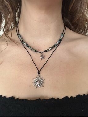 Sun & Star Beaded Layered Necklace - Black